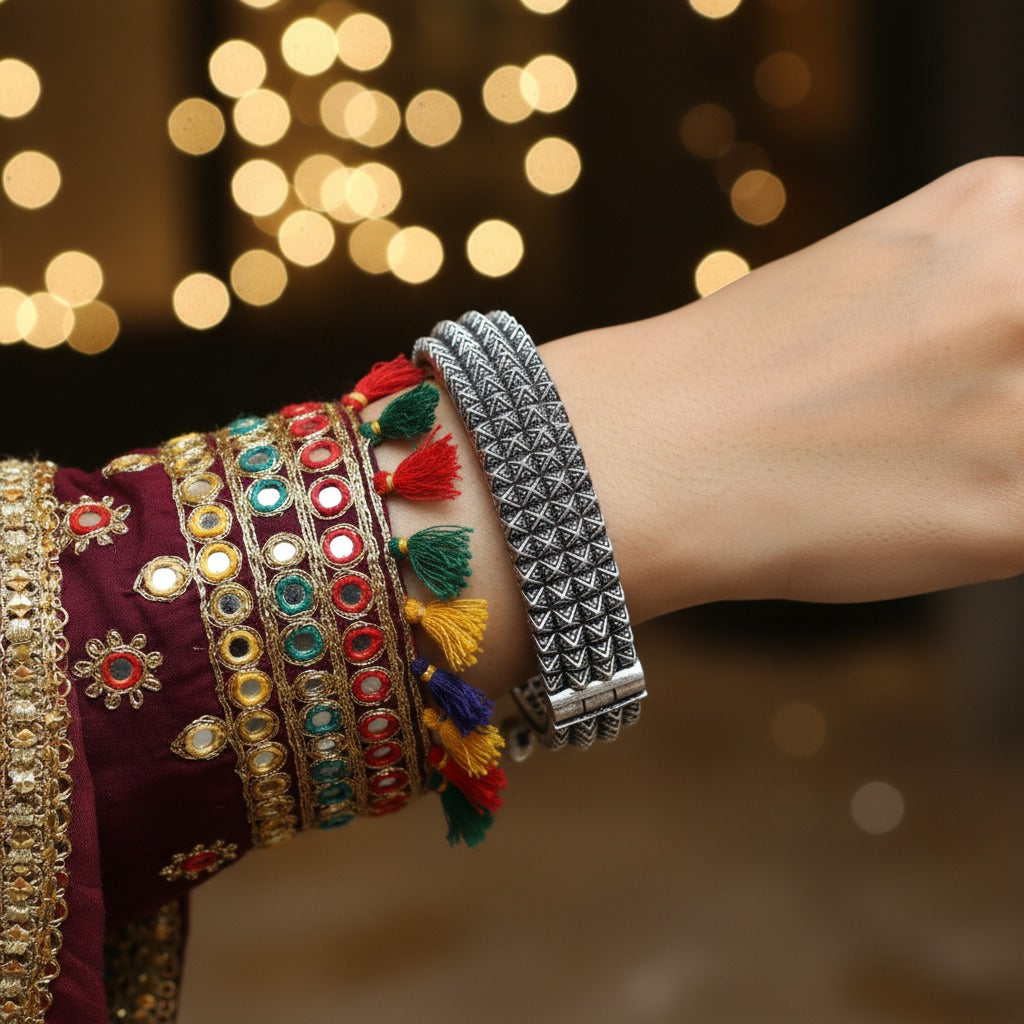 2PC German Silver Studded Tribal Kada Bangles for Women