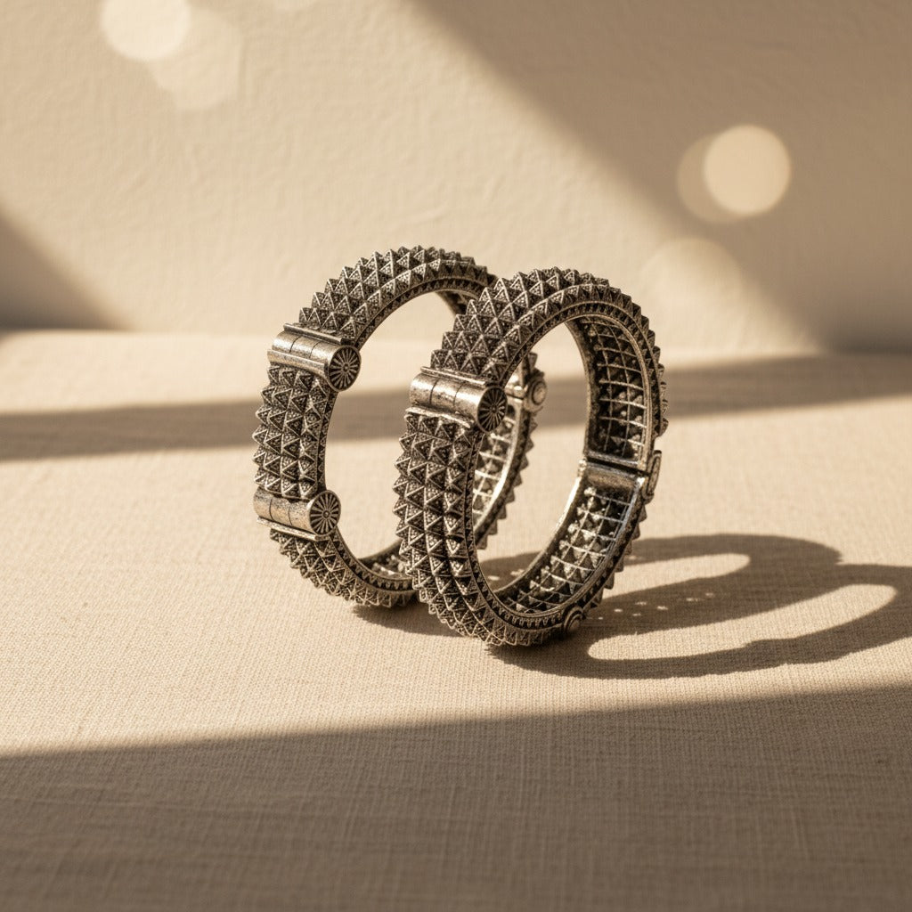 2PC German Silver Studded Tribal Kada Bangles for Women