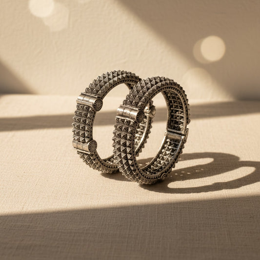 2PC German Silver Studded Tribal Kada Bangles for Women