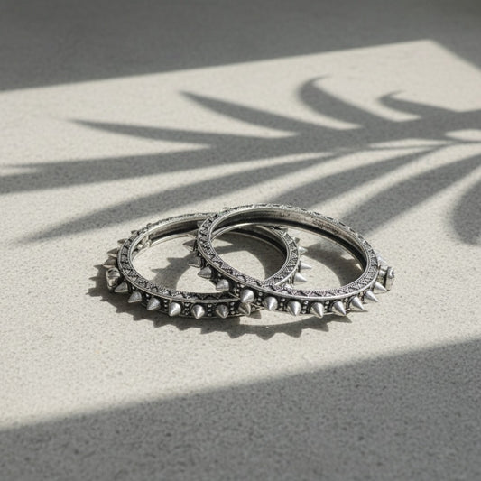 2PC German Silver Spike Studded Tribal Kada Bangles