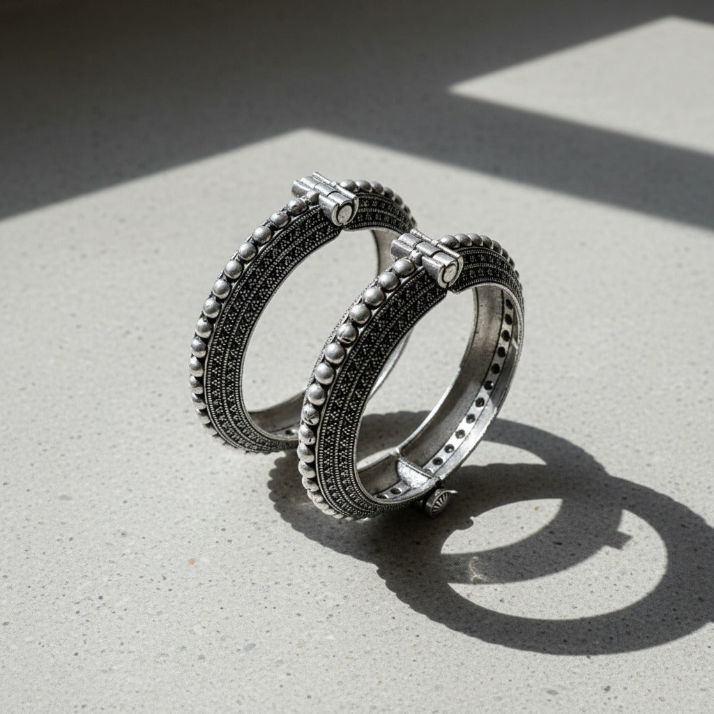 2PC German Silver Beaded Edge Kada Bangles
