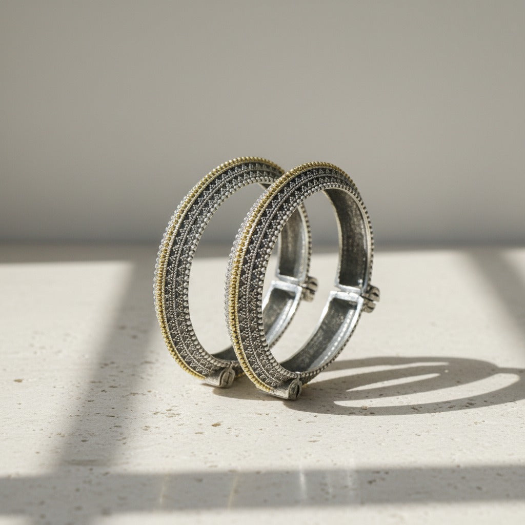 2PC German Silver Dual Tone Textured Kada Bangles