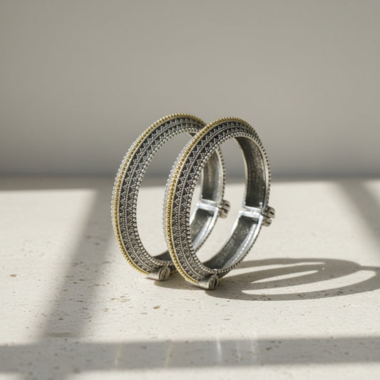 2PC German Silver Dual Tone Textured Kada Bangles