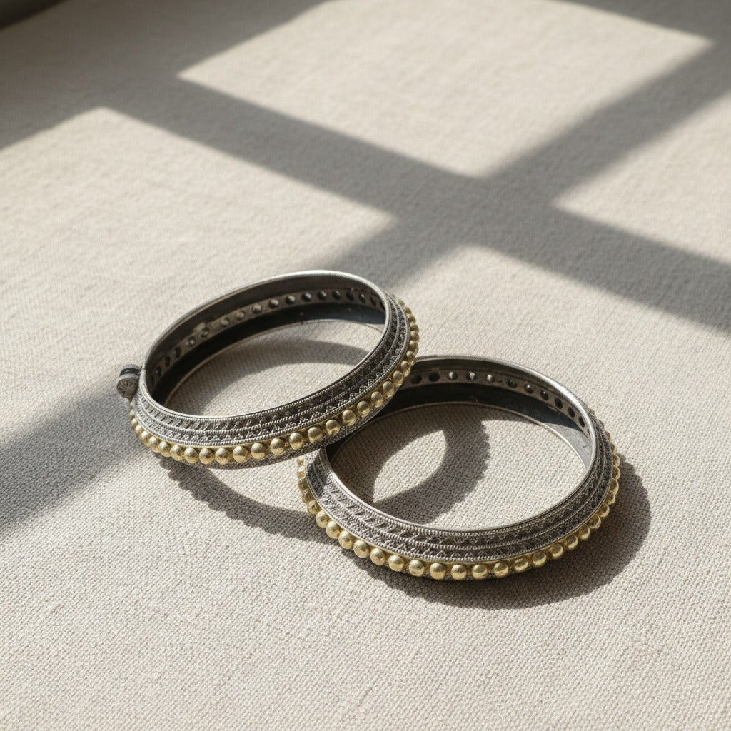 2PC German Silver Gold Bead Border Kada Bangles