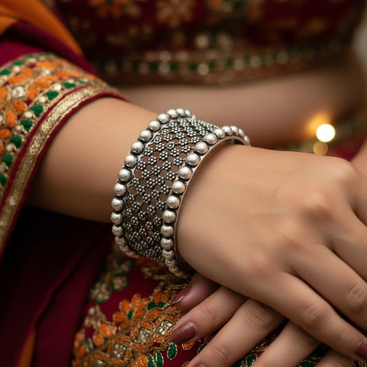 2PC German Silver Wide Mesh Kada Bangles