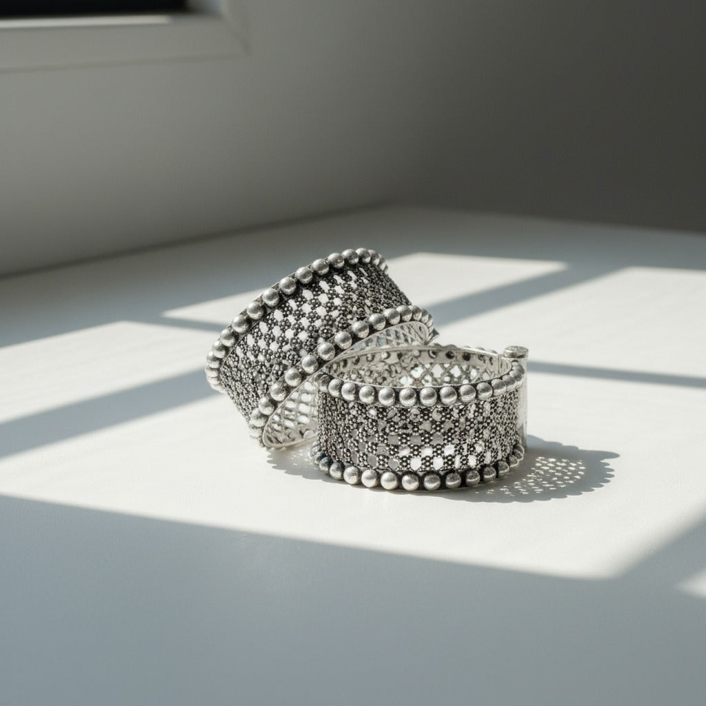 2PC German Silver Wide Mesh Kada Bangles