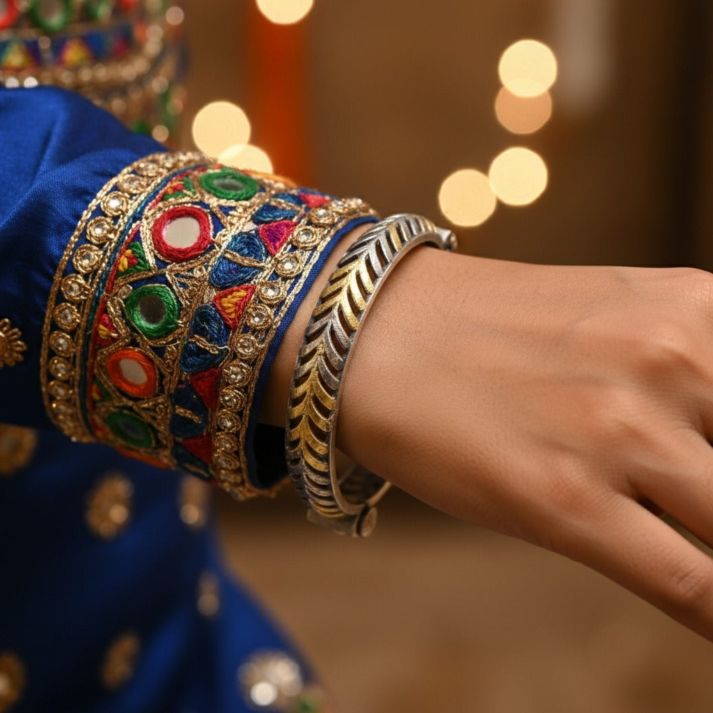 2PC German Silver Leaf Design Kada Bangles for Women