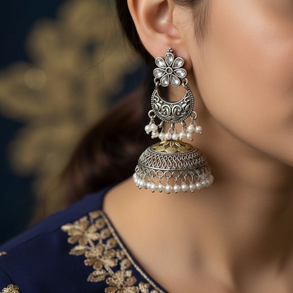 Traditional German Silver Jhumka Earrings for Women | Lady Zone