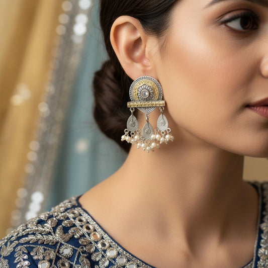 Traditional German Silver Pearl Drop Earrings for Women | Lady Zone