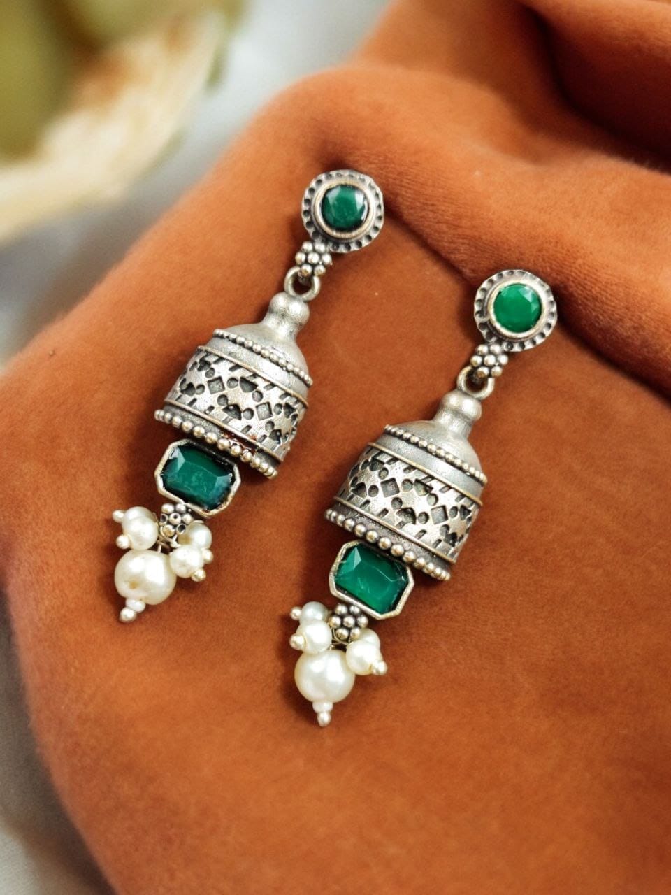 German Silver Pearl Stone Jhumki Earrings for Women | Lady Zone