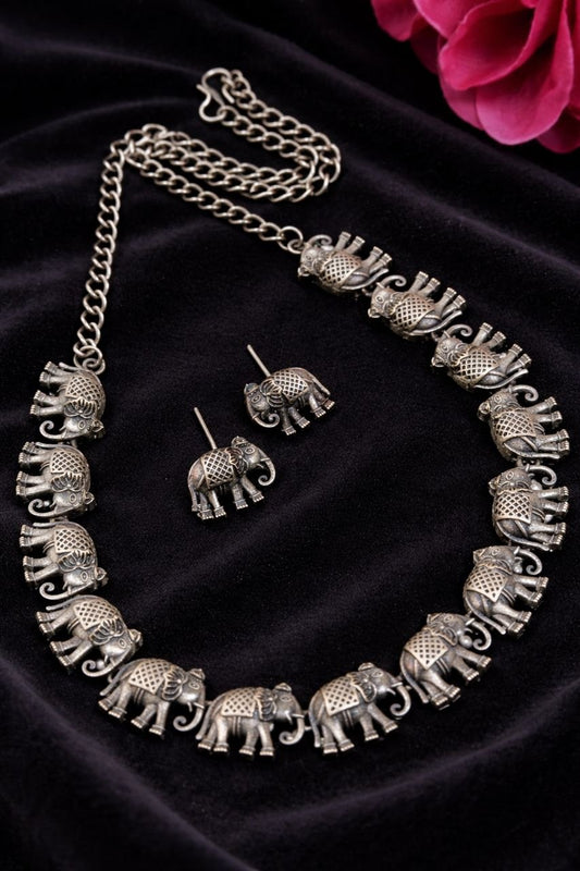 German Silver Elephant Pattern Oxidised Necklace Set for Women | Lady Zone