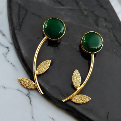 Gold Finish Black Stone Leaf Drop Earrings for Women | Lady Zone