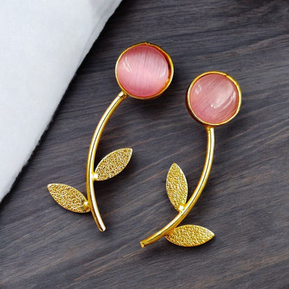 Gold Finish Black Stone Leaf Drop Earrings for Women | Lady Zone