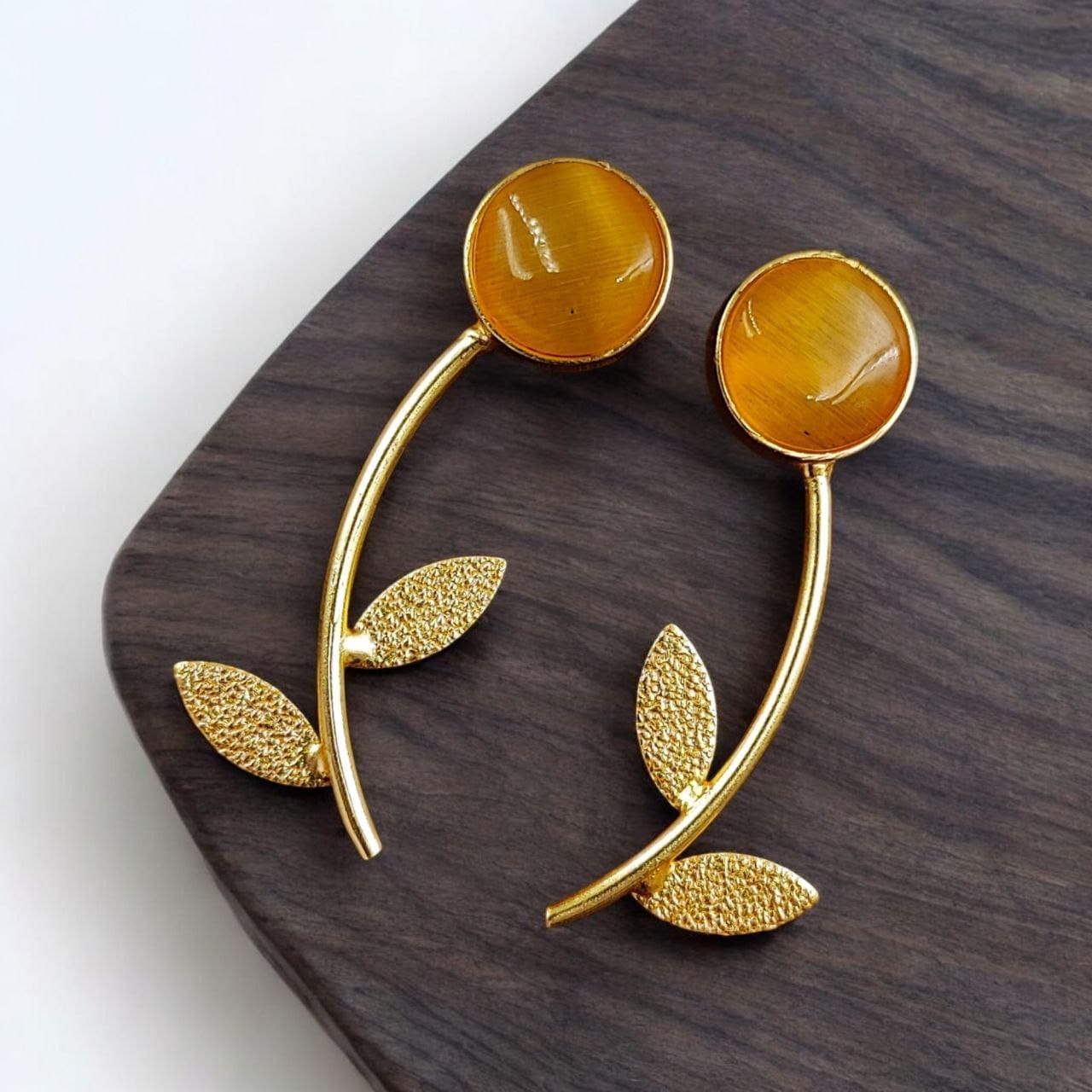 Gold Finish Black Stone Leaf Drop Earrings for Women | Lady Zone