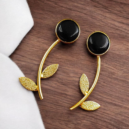 Gold Finish Black Stone Leaf Drop Earrings for Women | Lady Zone