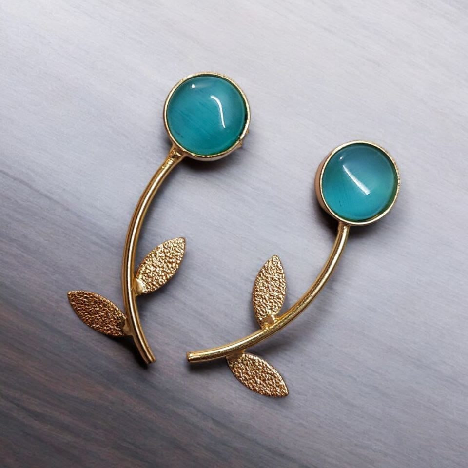 Gold Finish Black Stone Leaf Drop Earrings for Women | Lady Zone
