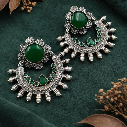 Oxidised Crescent Chandbali Earrings with Stone Detailing | Lady Zone