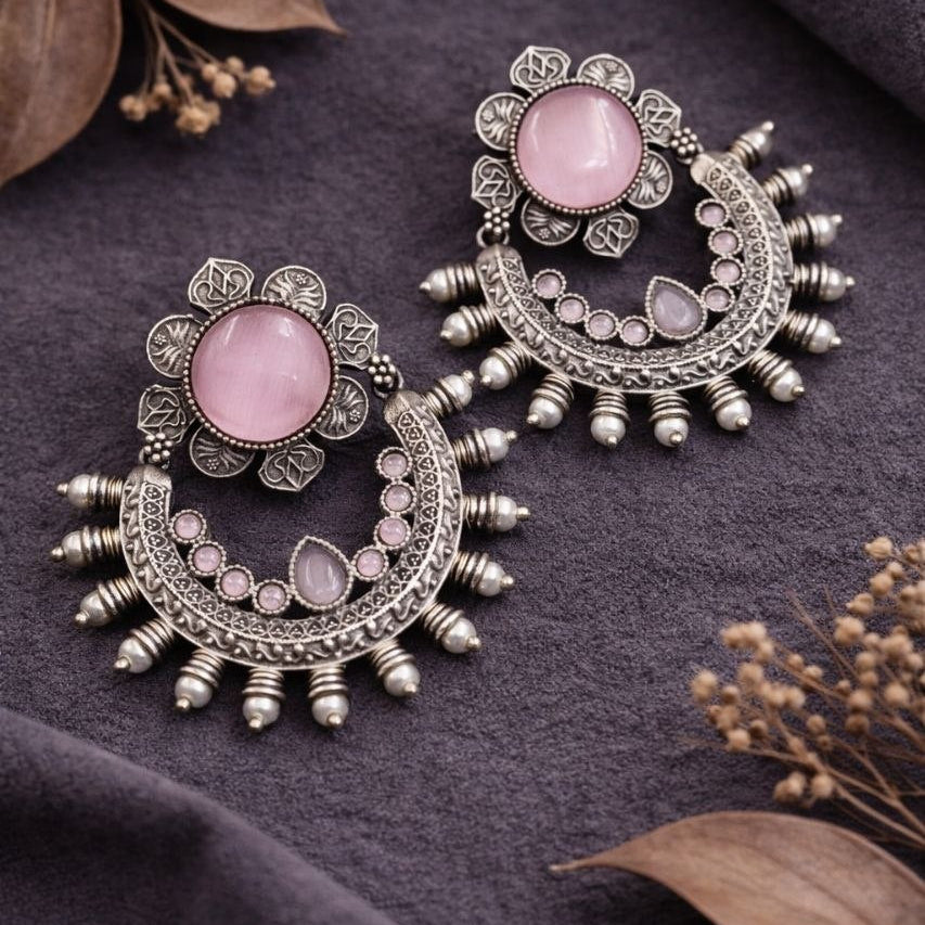 Oxidised Crescent Chandbali Earrings with Stone Detailing | Lady Zone