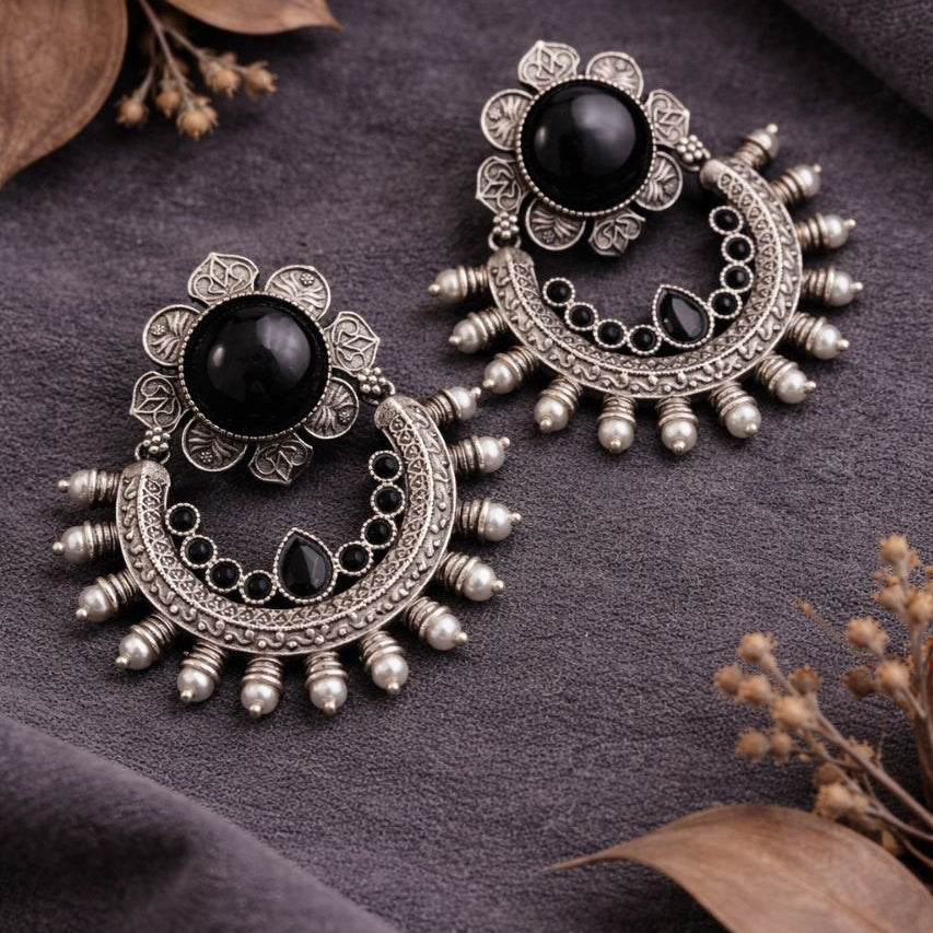 Oxidised Crescent Chandbali Earrings with Stone Detailing | Lady Zone