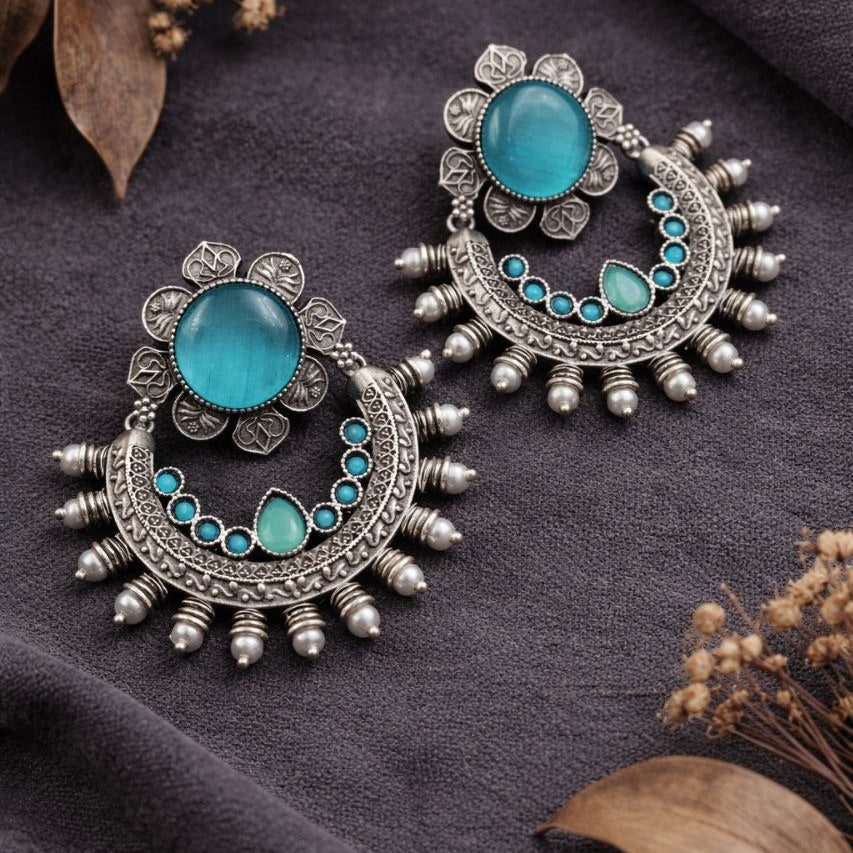 Oxidised Crescent Chandbali Earrings with Stone Detailing | Lady Zone