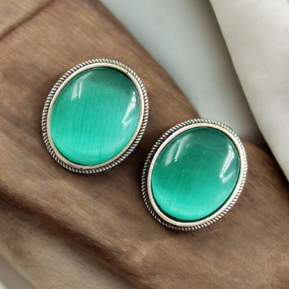 German Silver Green Stone Stud Earrings | Lady Zone