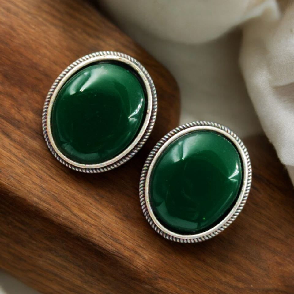 German Silver Green Stone Stud Earrings | Lady Zone