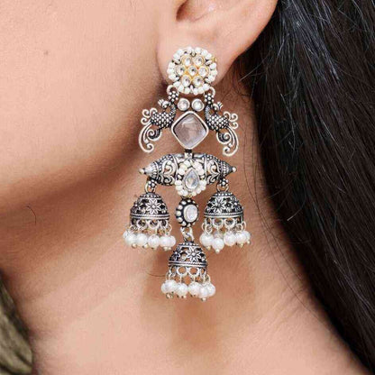 Oxidised Triple Jhumki Pearl Statement Earrings | Lady Zone