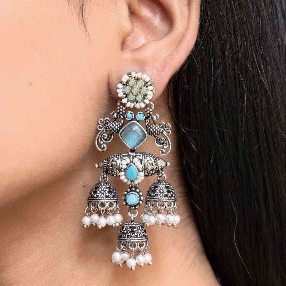 Oxidised Triple Jhumki Pearl Statement Earrings | Lady Zone
