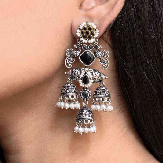 Oxidised Triple Jhumki Pearl Statement Earrings | Lady Zone