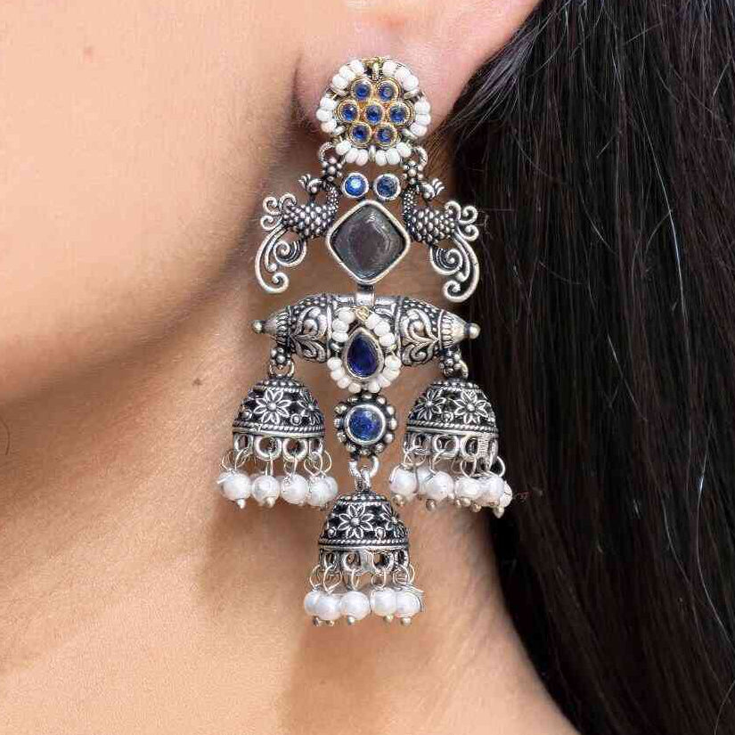 Oxidised Triple Jhumki Pearl Statement Earrings | Lady Zone