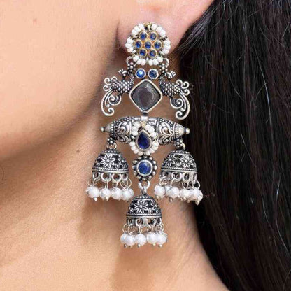 Oxidised Triple Jhumki Pearl Statement Earrings | Lady Zone