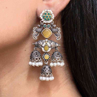 Oxidised Triple Jhumki Pearl Statement Earrings | Lady Zone