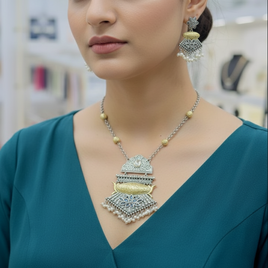 Dual Tone German Silver Oxidised Necklace Set