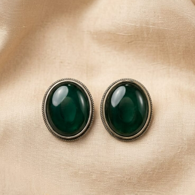 German Silver Green Stone Stud Earrings | Lady Zone