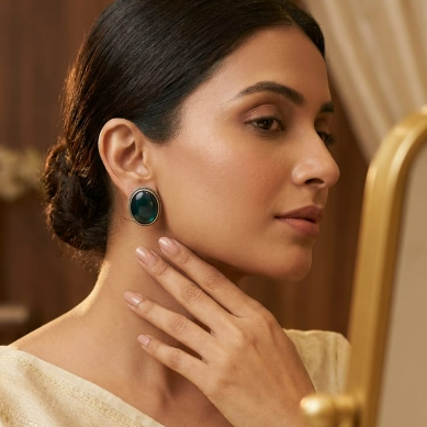 German Silver Green Stone Stud Earrings | Lady Zone