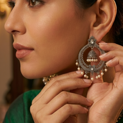 German Silver Floral Pearl Jhumka Hoop Earrings for Women | Lady Zone