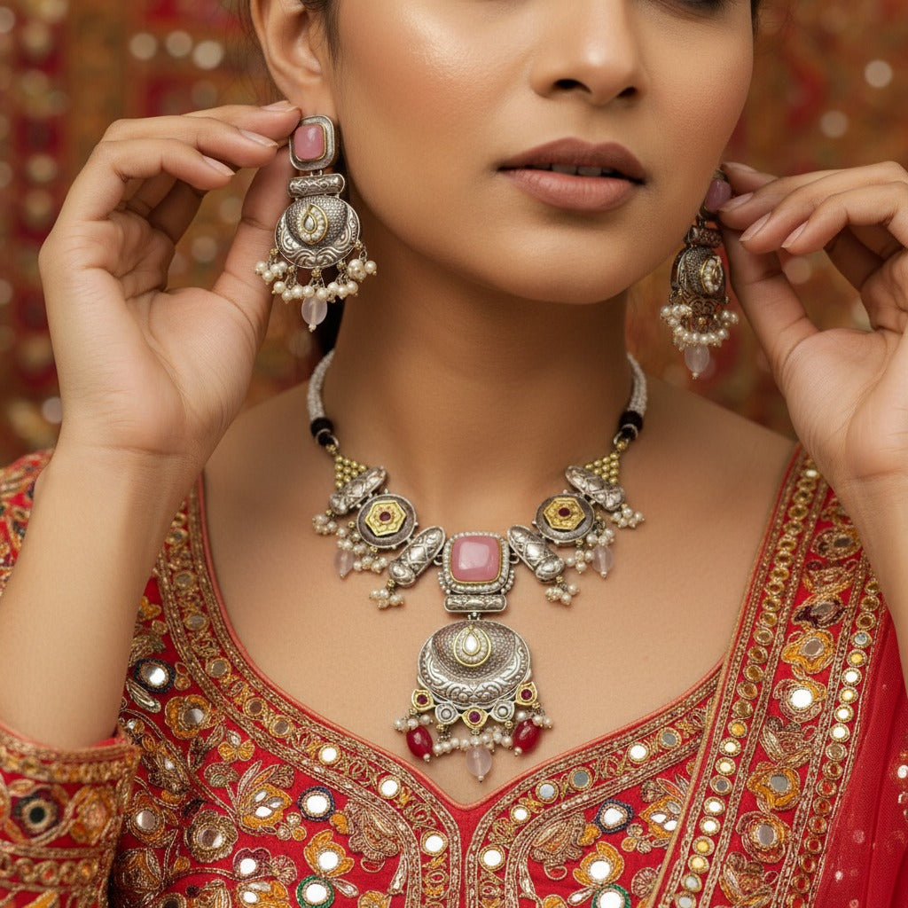 Premium Oxidised German Silver Necklace Set with Earrings