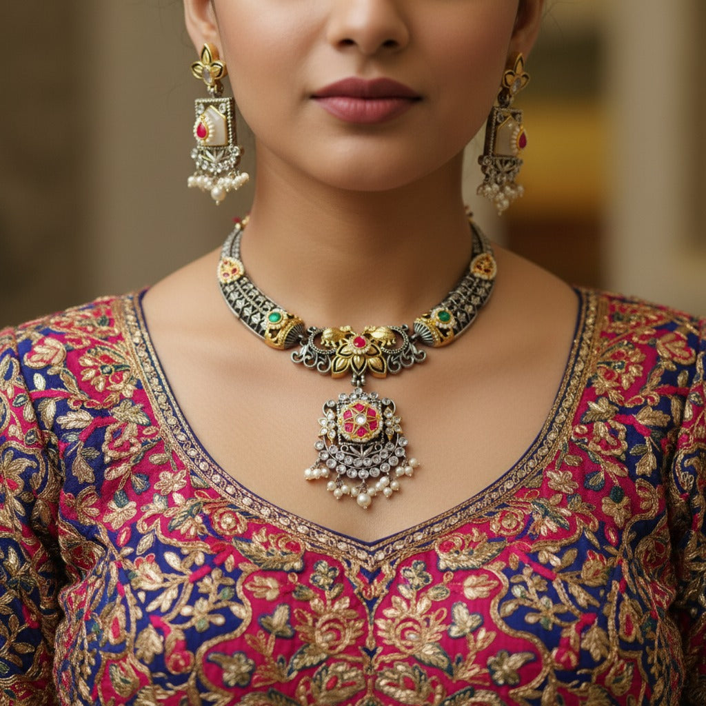 Oxidised German Silver Temple Choker Necklace Set with Earrings