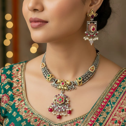 Oxidised German Silver Temple Choker Necklace Set with Earrings