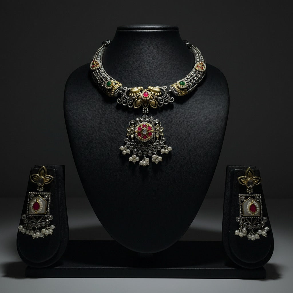 Oxidised German Silver Temple Choker Necklace Set with Earrings