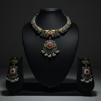 Oxidised German Silver Temple Choker Necklace Set with Earrings