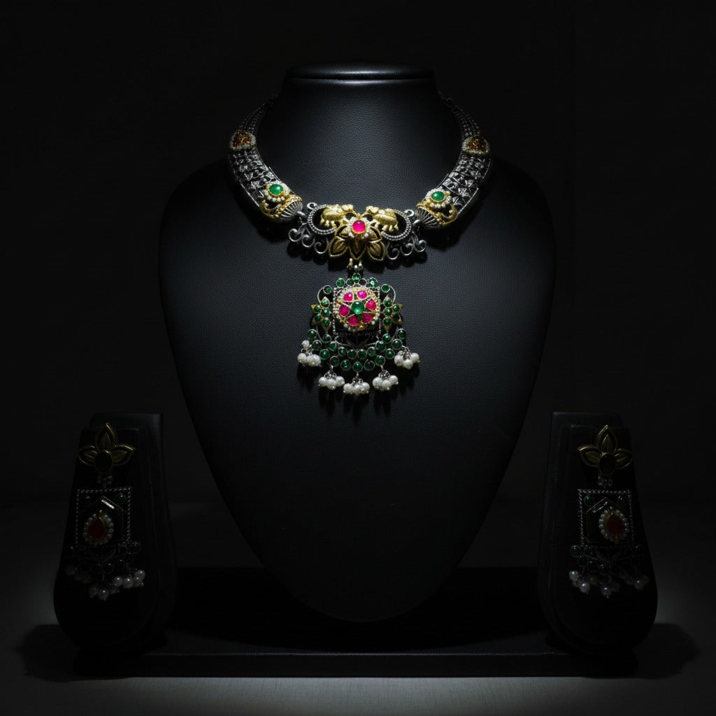 Oxidised German Silver Temple Choker Necklace Set with Earrings