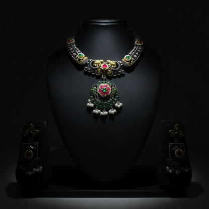 Oxidised German Silver Temple Choker Necklace Set with Earrings