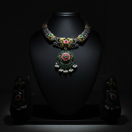 Oxidised German Silver Temple Choker Necklace Set with Earrings
