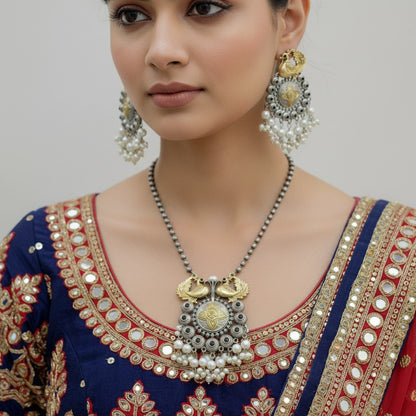 Oxidised German Silver Peacock Pendant Necklace Set with Earrings