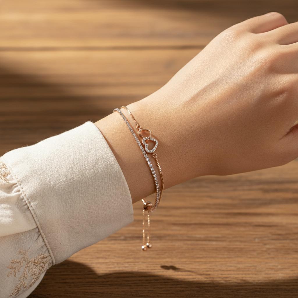 Double Heart Zircon Adjustable Bracelet for Women