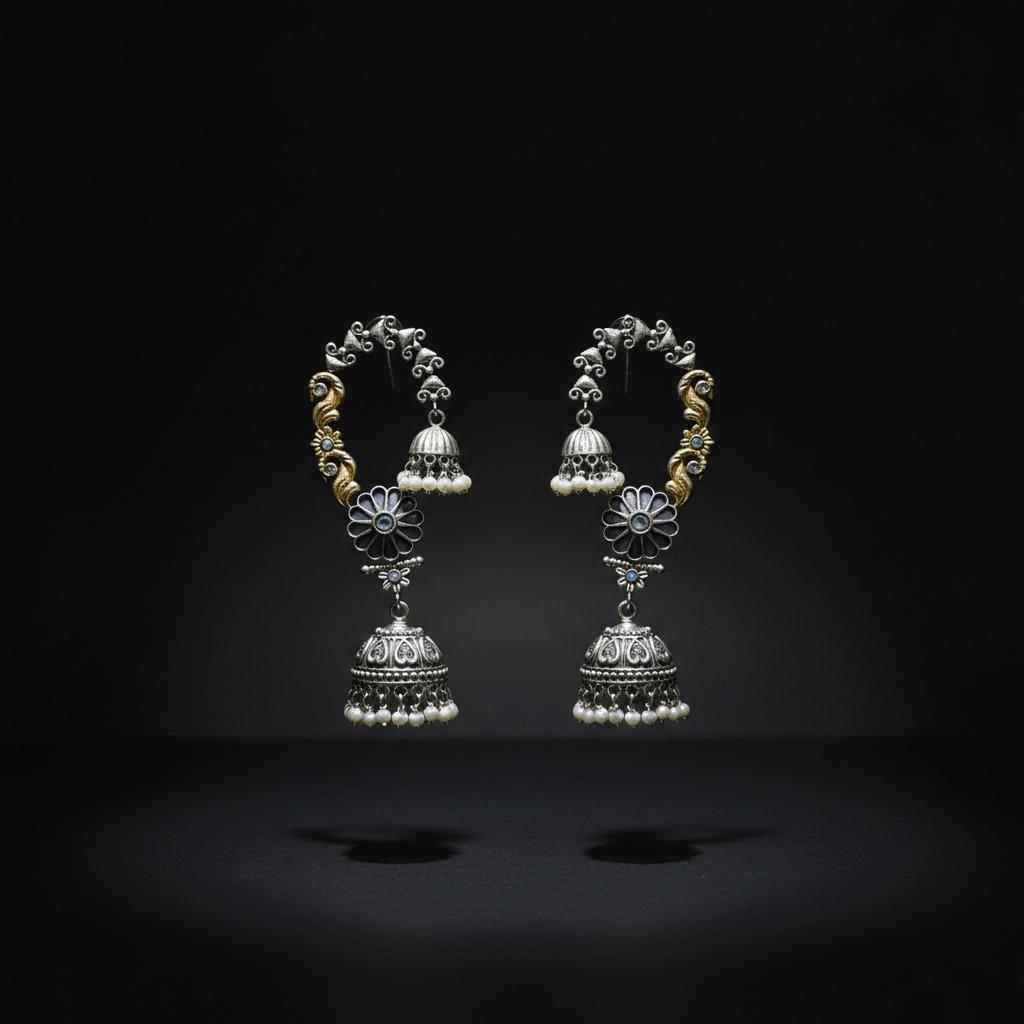 Oxidised German Silver Floral Hoop Jhumka Earrings with Pearl Drops