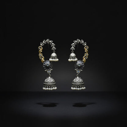 Oxidised German Silver Floral Hoop Jhumka Earrings with Pearl Drops