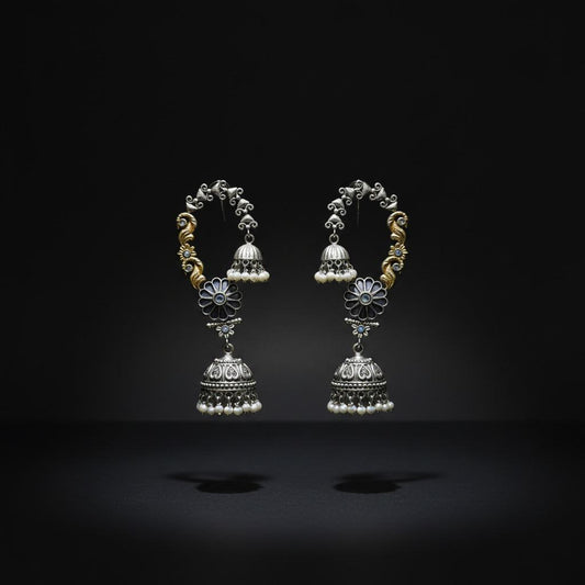 Oxidised German Silver Floral Hoop Jhumka Earrings with Pearl Drops