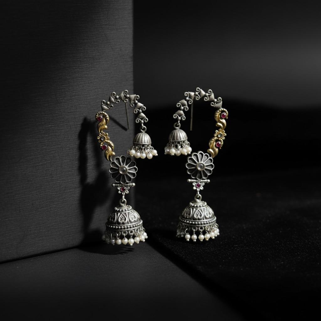 Oxidised German Silver Floral Hoop Jhumka Earrings with Pearl Drops